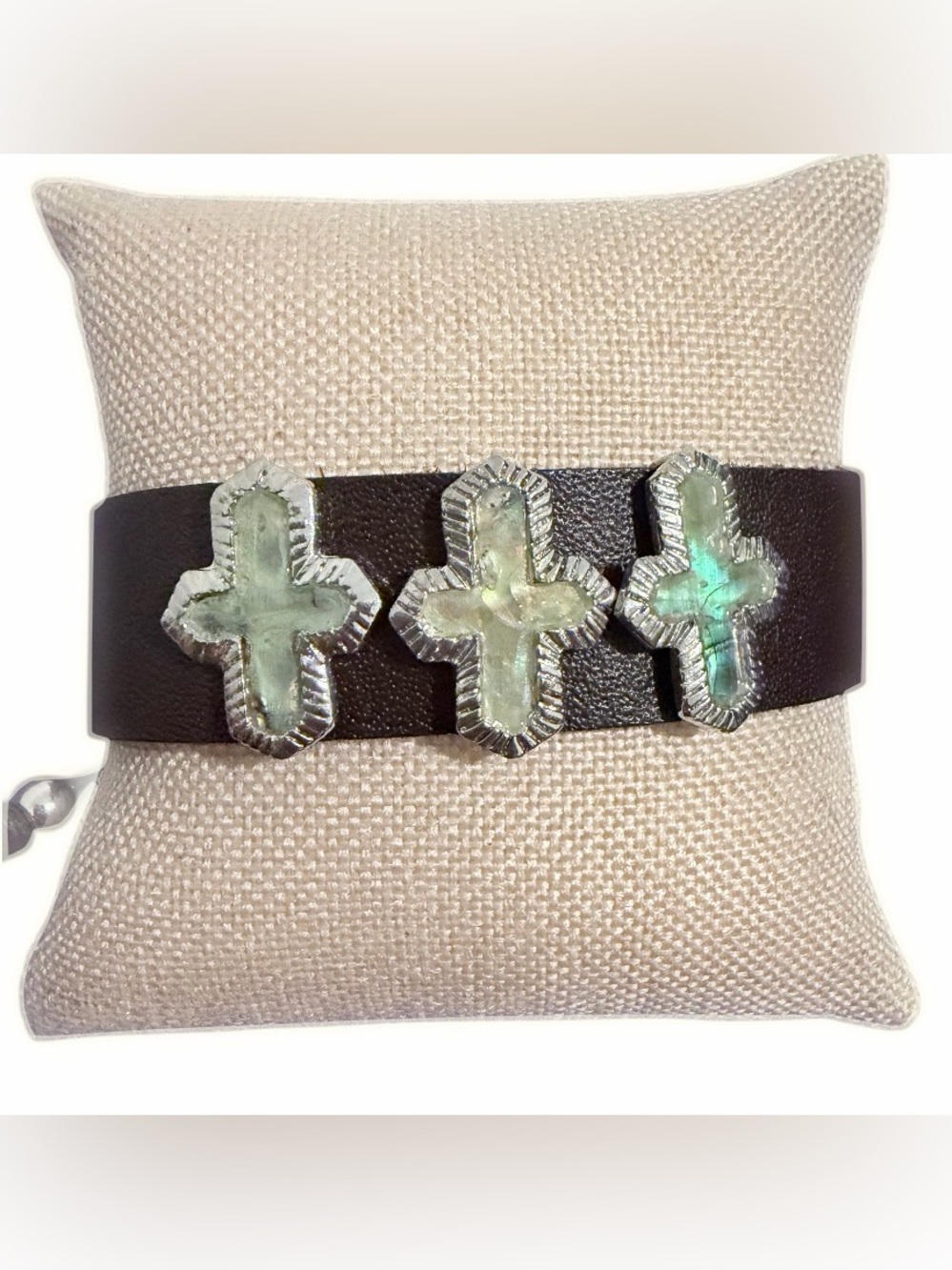 Handcrafted brown Leather Bracelet with Green Cross Accents